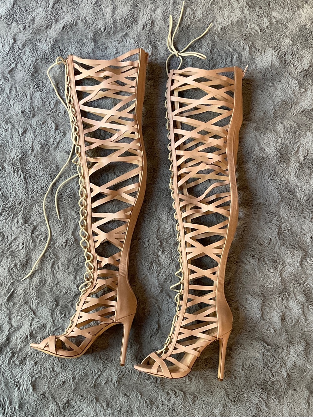 Over-the-Knee Lace-Up Gladiator Stiletto Boots - Nude/Blush Pink